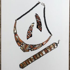 Necklace Earrings Bracelet Set Pearl Orange Black